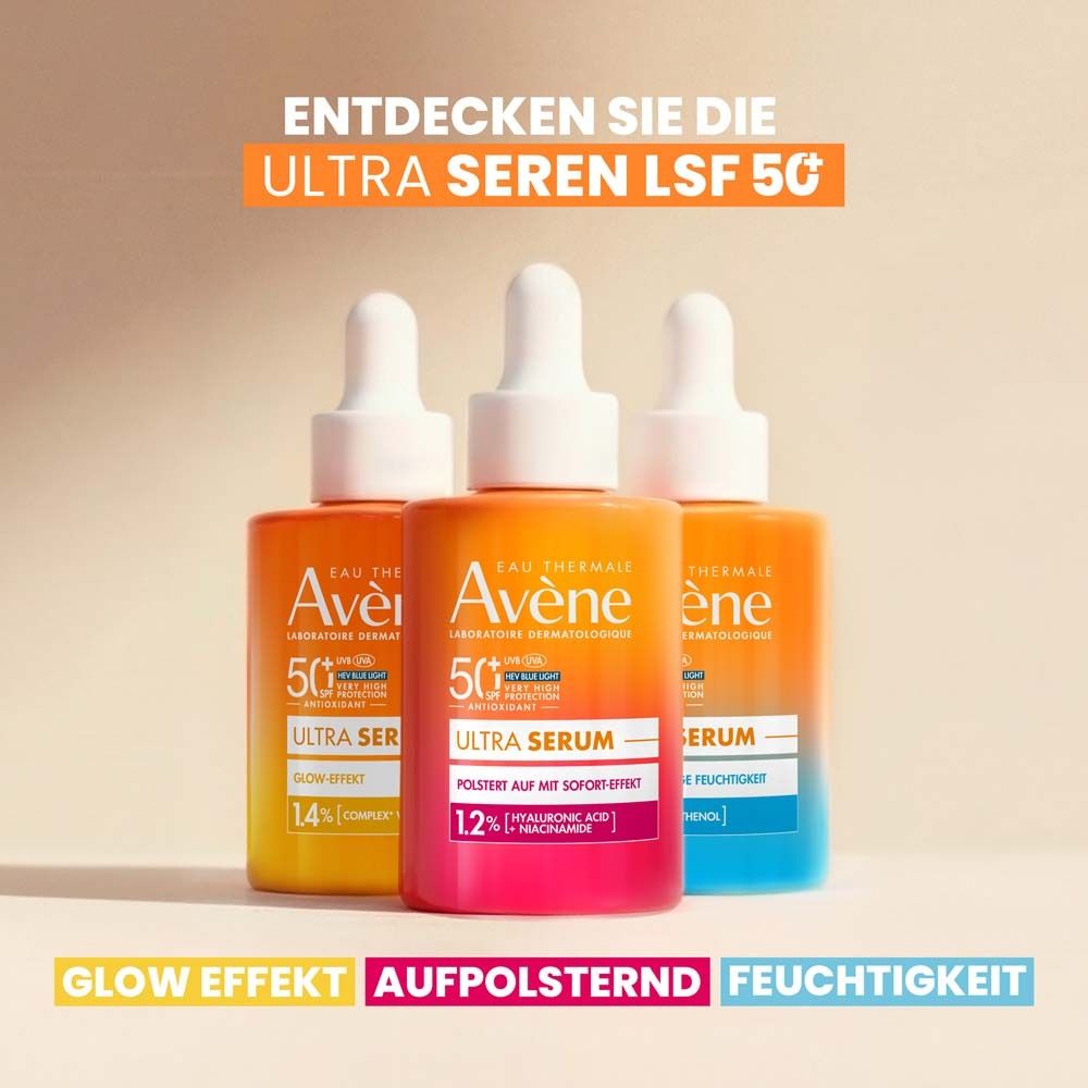 Drei Avène Ultra Serum LSF 50+ Flaschen. Text: Entdecken Sie die Ultra Seren LSF 50+.