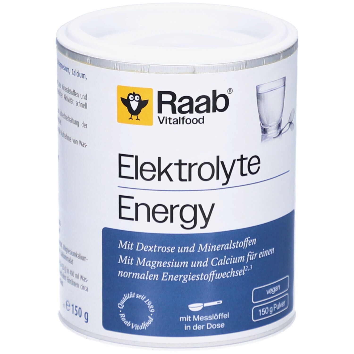 Poudre blanche en boîte. Inscription: Raab Vitalfood Elektrolyte Energy. Avec cuillère doseuse. Végétalien. 150 g de poudre.