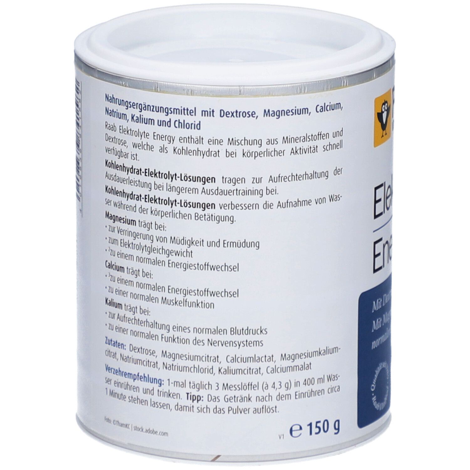 Dos de la boîte. Texte: Complément alimentaire avec dextrose, magnésium, calcium, sodium, potassium et chlorure. Ingrédients et recommandations.