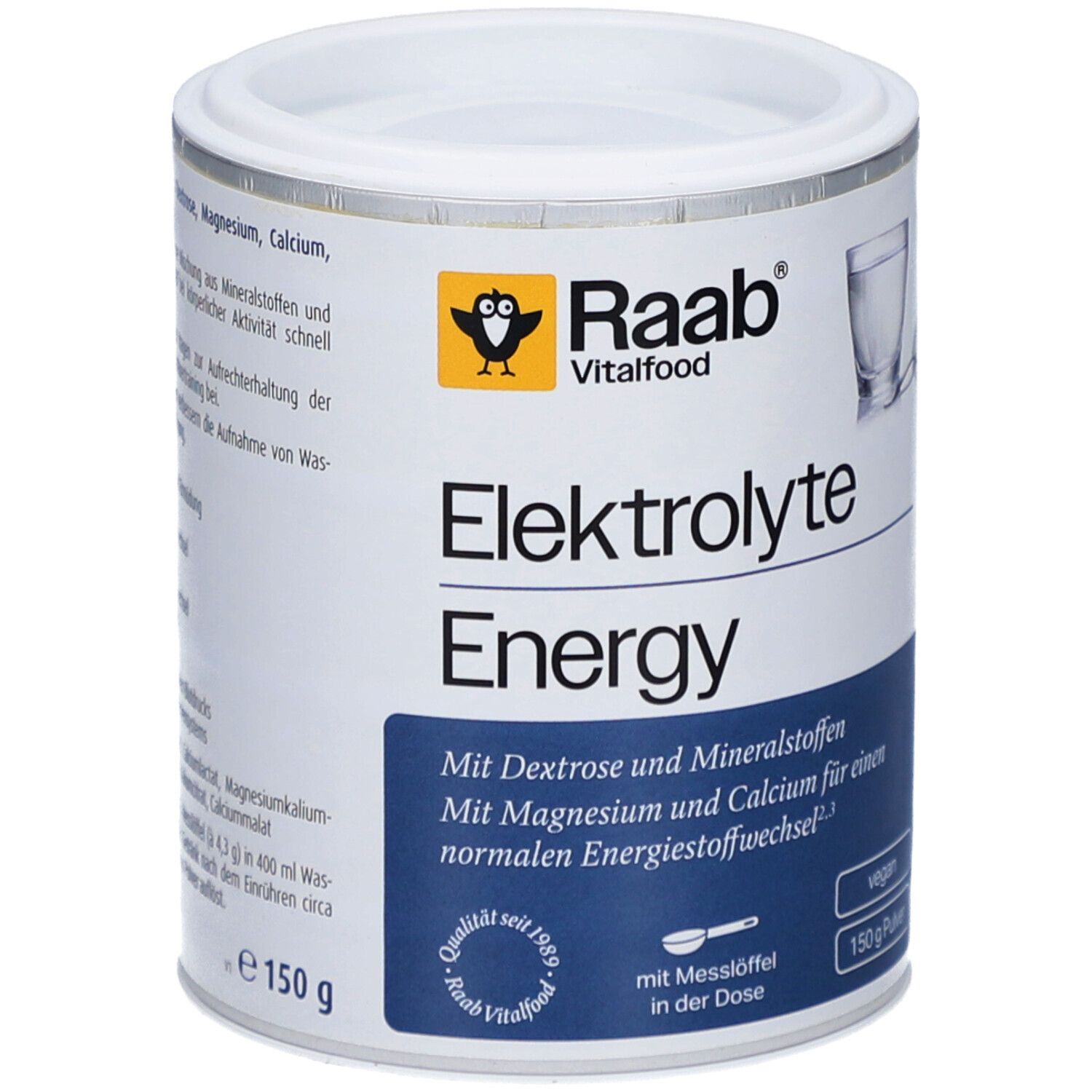 Poudre blanche en boîte. Inscription: Raab Vitalfood Elektrolyte Energy. Avec cuillère doseuse. Végétalien. 150 g de poudre.