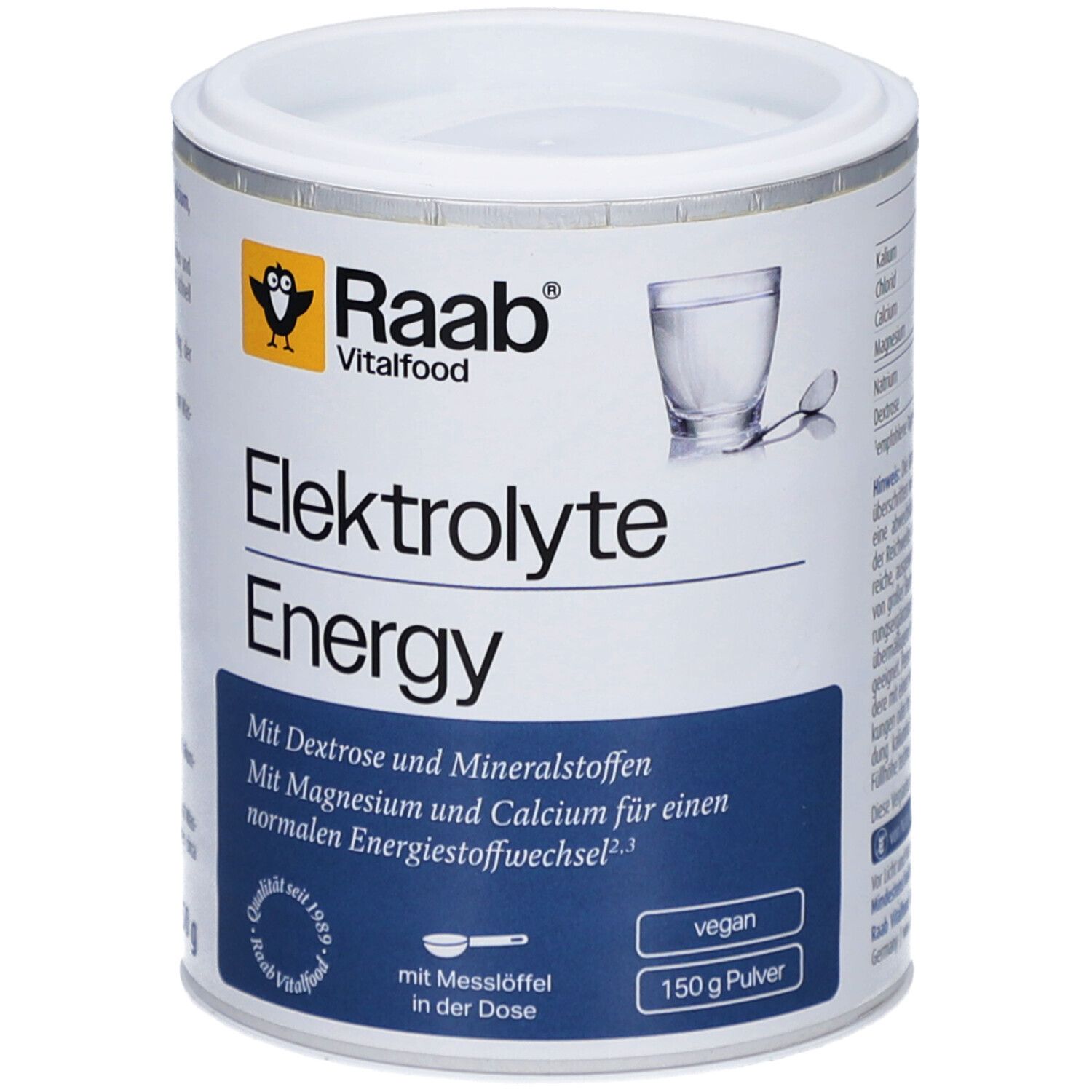 Poudre blanche en boîte. Inscription: Raab Vitalfood Elektrolyte Energy. Avec cuillère doseuse. Végétalien. 150 g de poudre.