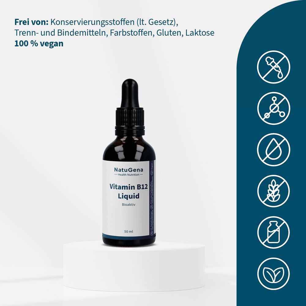 NatuGena Vitamin B12 Liquid Flasche auf Podest, mit Icons für "frei von".