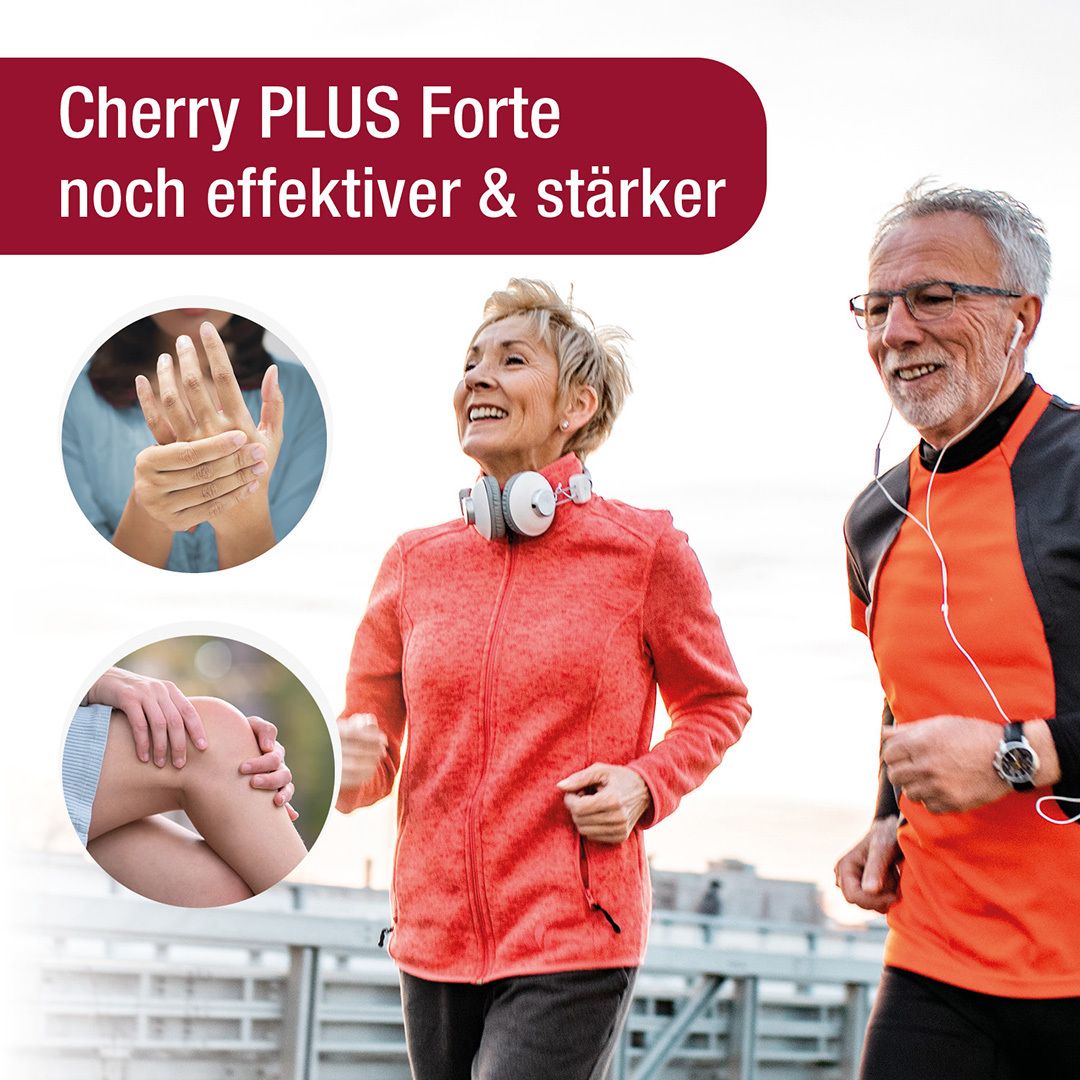 Älteres Paar beim Joggen. Insets zeigen Hände und Knie. Text: Cherry PLUS Forte noch effektiver & stärker.