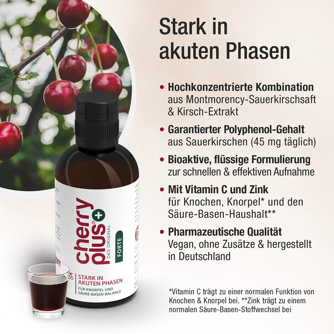 Flasche Cherry Plus Forte und Kirschen. Text: Stark in akuten Phasen. Hochkonzentrierte Kombination. Mit Vitamin C und Zink.