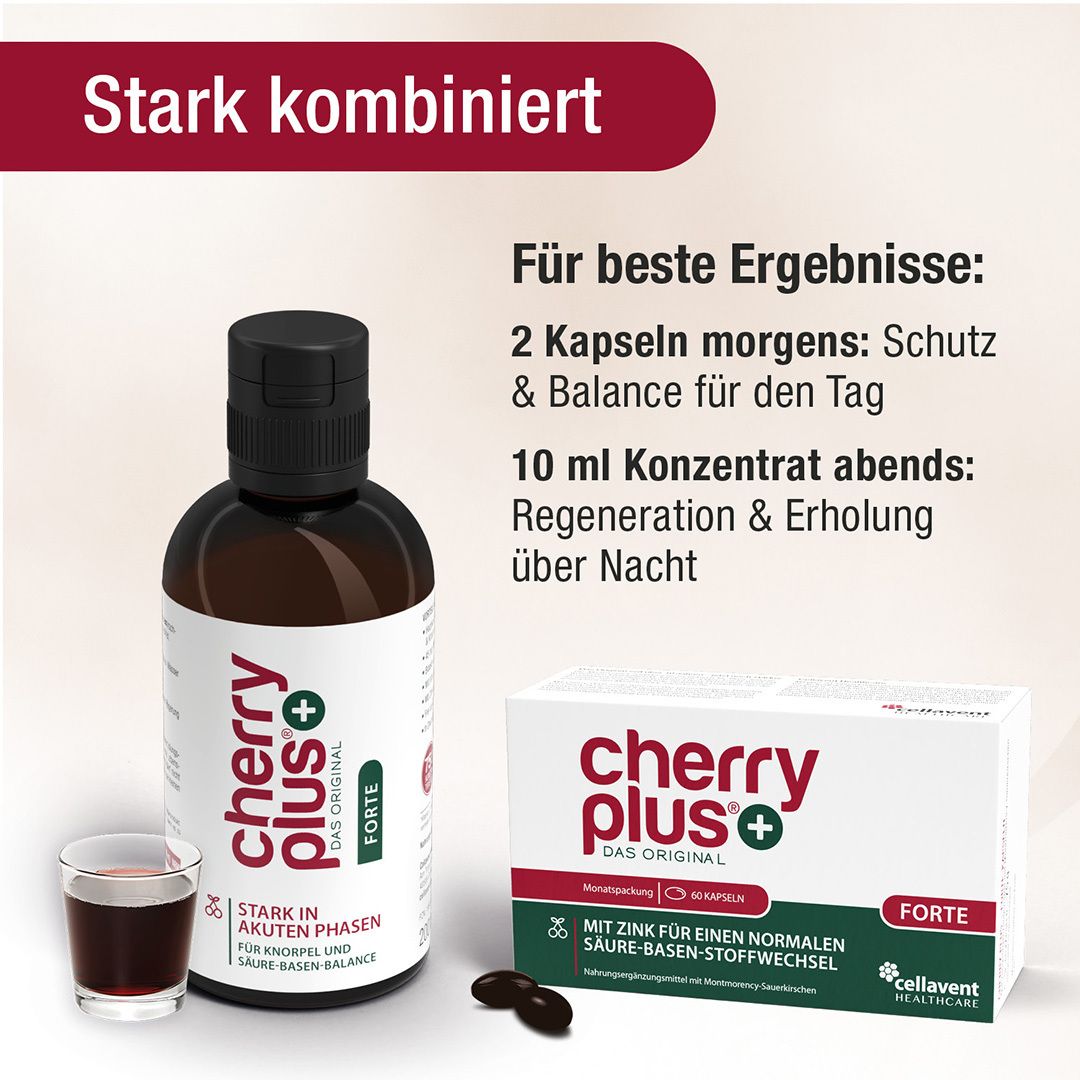 Flasche Cherry Plus Forte, Kapseln und Packung. Text: Stark kombiniert. 2 Kapseln morgens, 10 ml Konzentrat abends.