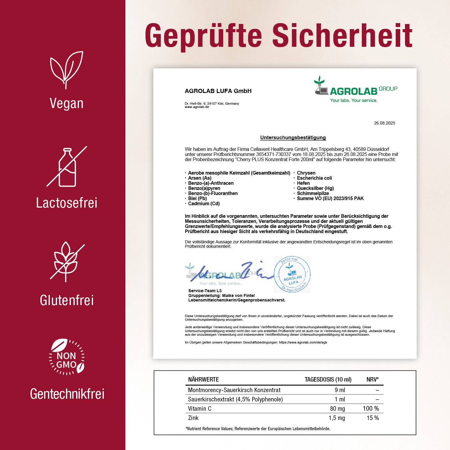 Text-Tafel mit Inhaltsstoffen und Nährwerten von Cherry Plus Forte. Vegan, laktosefrei, glutenfrei, gentechnikfrei.