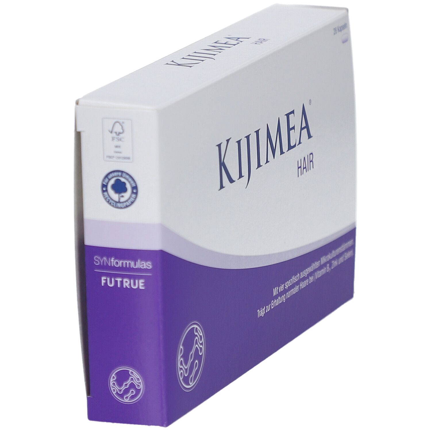 Schachtel mit KIJIMEA HAIR. Weiße Verpackung mit lila Streifen. Auf der Seite: Syntiformulas FUTRUE. FSC-Logo.