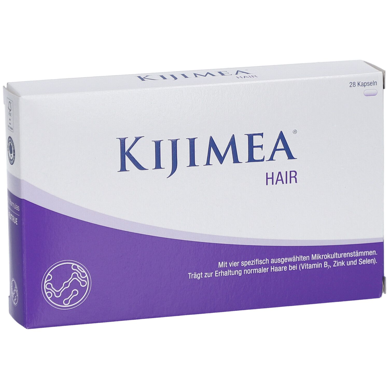 Weiße Schachtel mit lila Akzent. Aufschrift: KIJIMEA HAIR. Enthält 28 Kapseln. Text unten: Trägt zur Erhaltung normaler Haare bei.