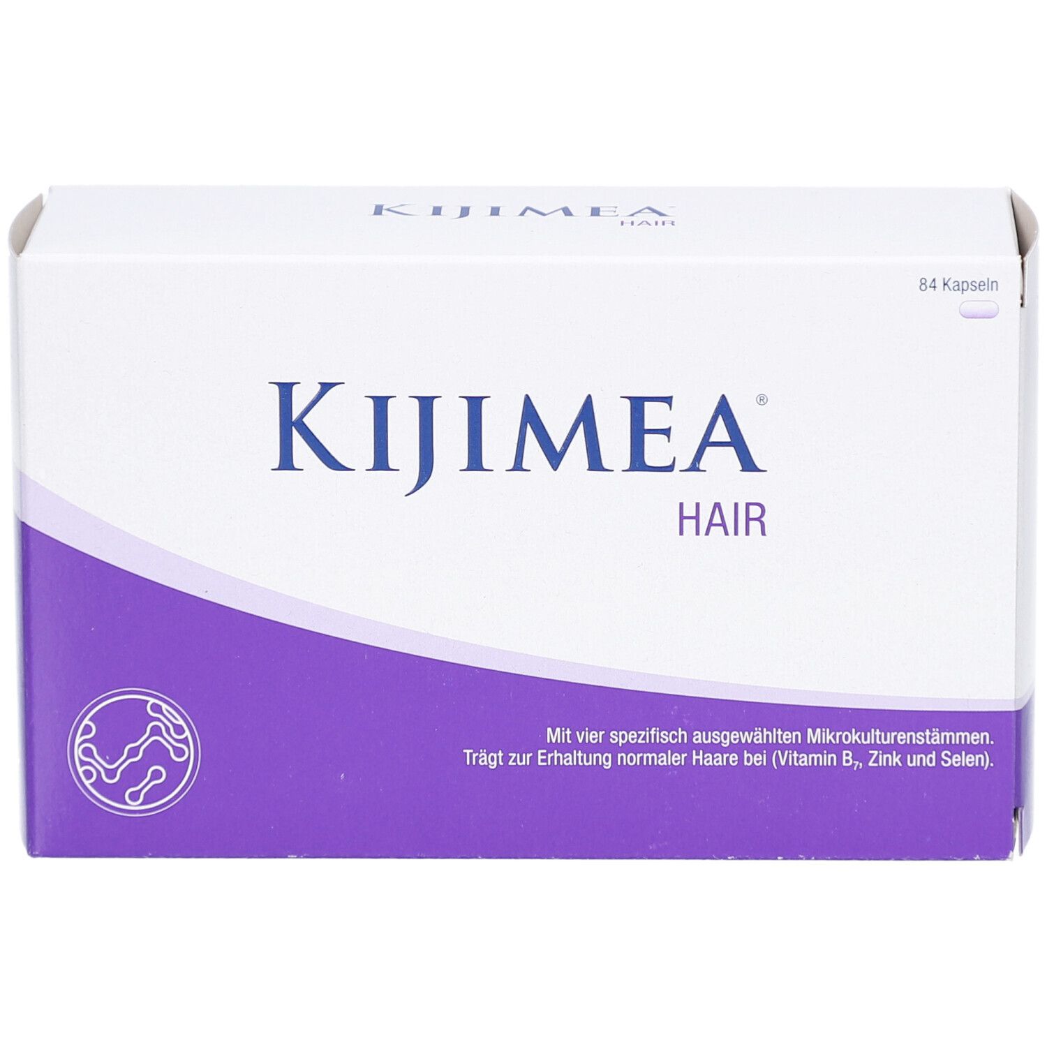 Weiße Schachtel mit lila Akzenten. Aufschrift: KIJIMEA HAIR. Enthält 64 Kapseln. Logo und Produktinformationen.