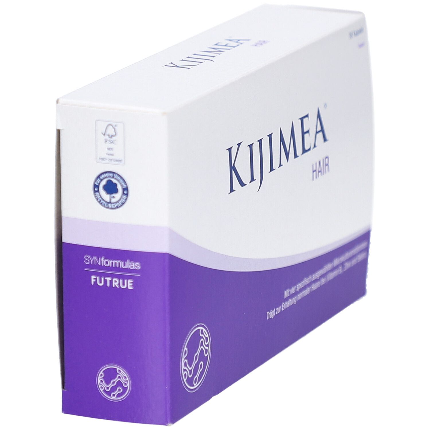 Schachtel mit lila Akzenten. Aufschrift: Kijimea Hair. Logo: SYNformulas FUTRUE. FSC-Zertifizierung. Ansicht von der Seite.
