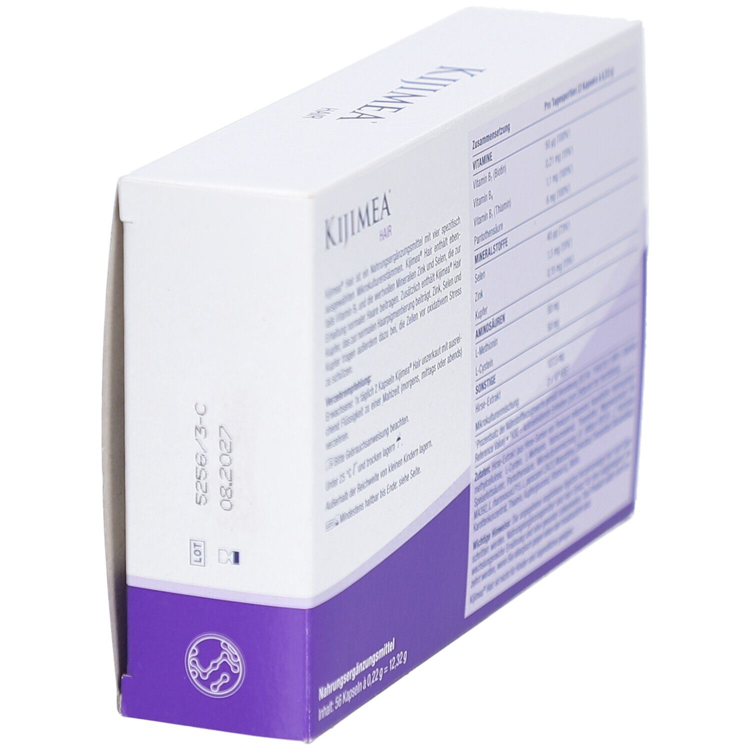 Seitenansicht der Kijimea Hair-Verpackung. Enthält Informationen zu Inhaltsstoffen und Haltbarkeit. Mit Chargennummer.