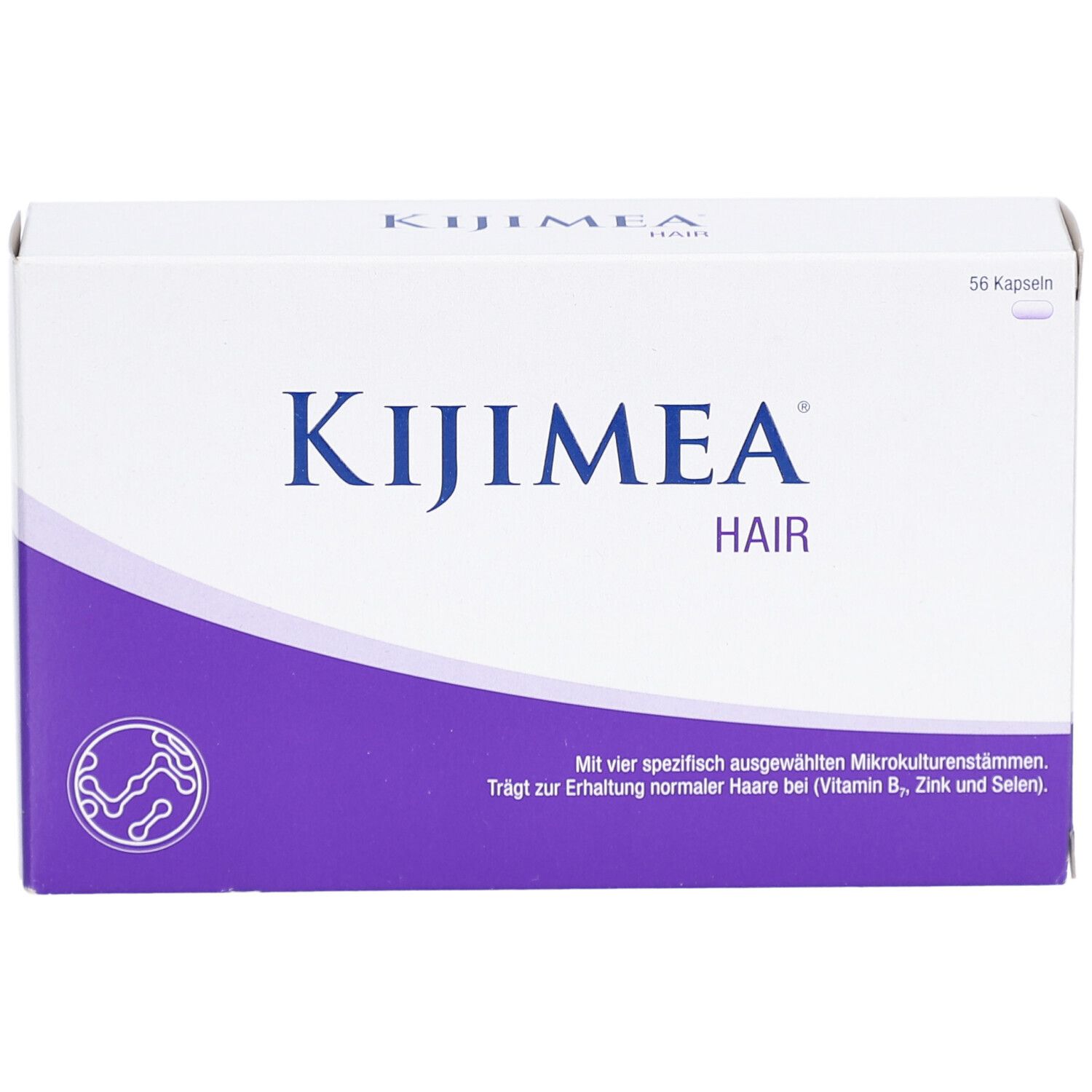 Weiße Schachtel mit lila Akzenten. Aufschrift: Kijimea Hair. Enthält 56 Kapseln. Text: Trägt zur Erhaltung normaler Haare bei.