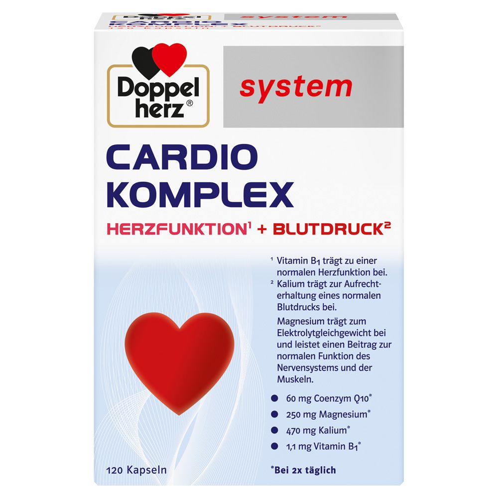 Doppelherz CARDIO KOMPLEX. Weiße Schachtel mit rotem Herz. Enthält 120 Kapseln. Text: Herzfunktion + Blutdruck.