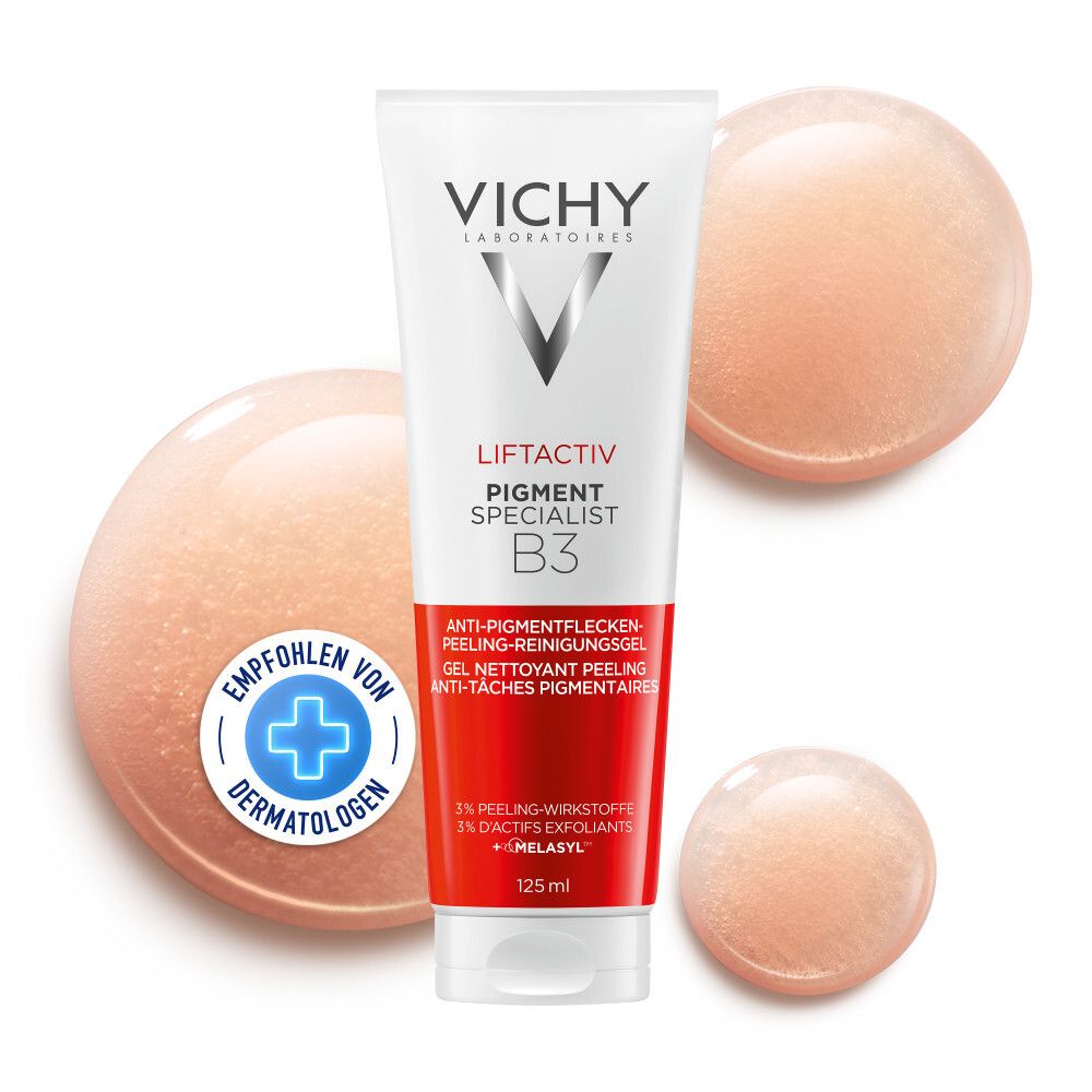 Vichy Liftactiv B3 Peeling Waschgel Tube mit drei runden, durchscheinenden Tropfen.