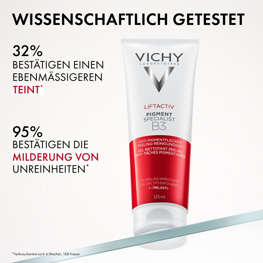 Vichy Liftactiv B3 Peeling Waschgel Tube neben wissenschaftlichen Testergebnissen.