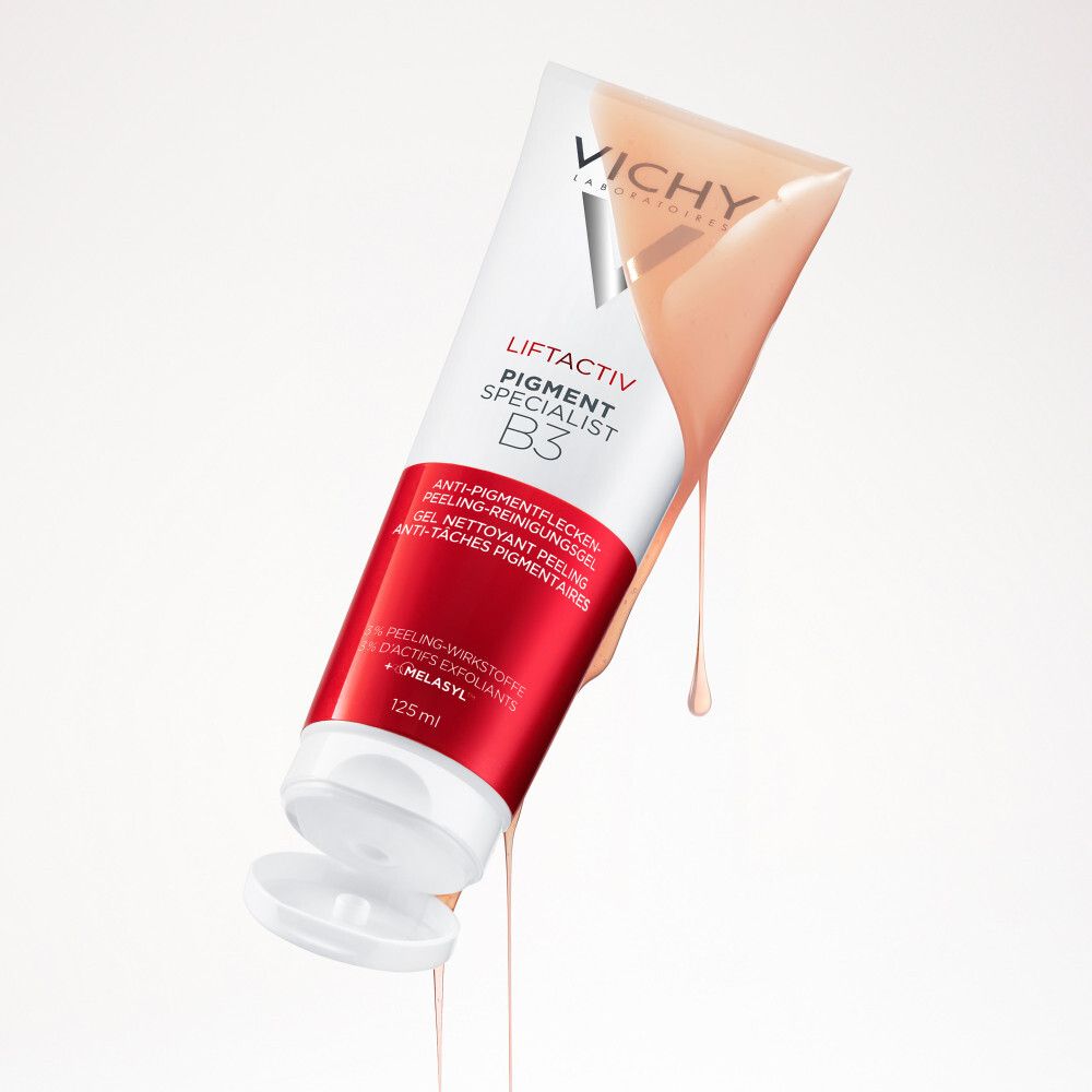 Vichy Liftactiv B3 Peeling Waschgel Tube, aus der das Produkt herausläuft.