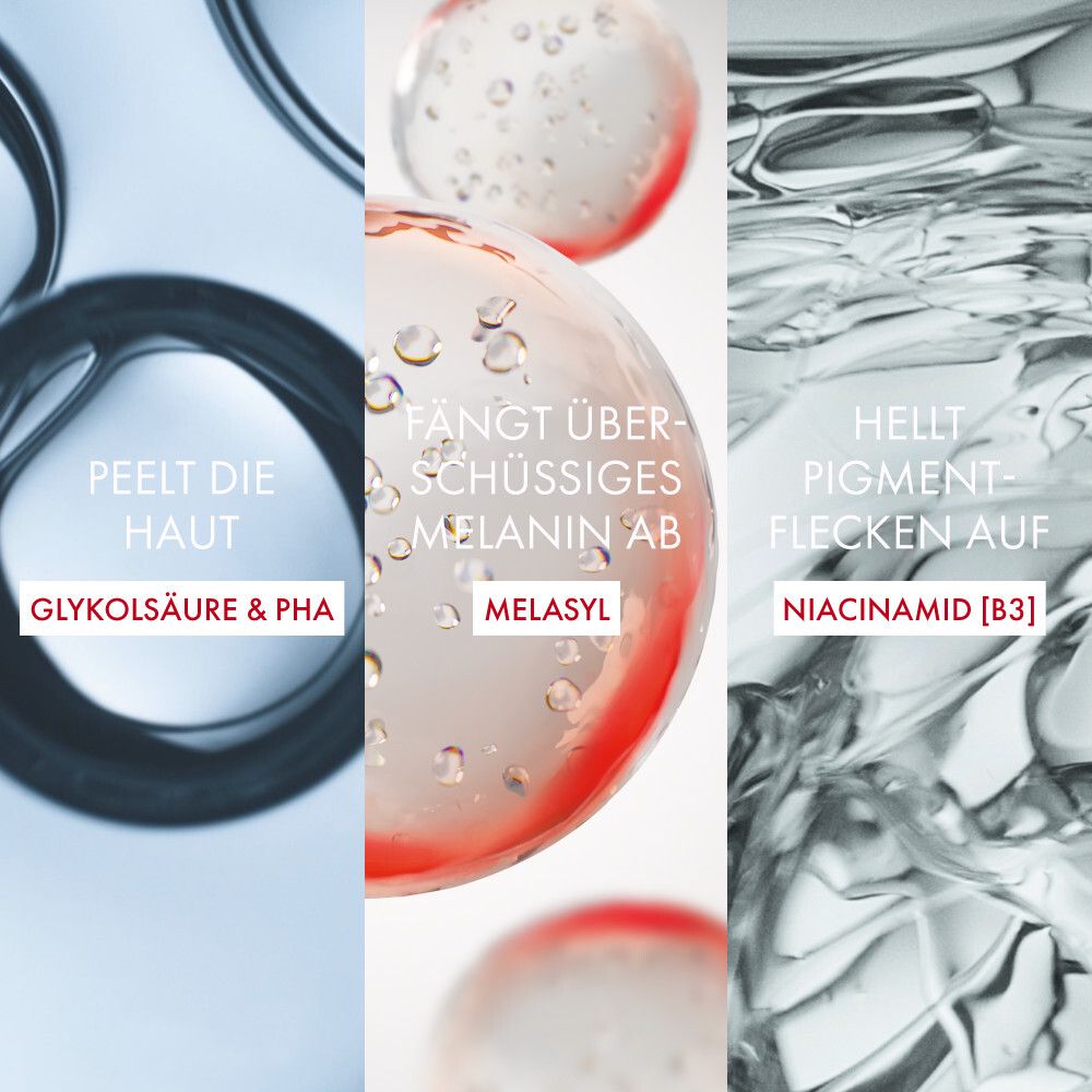 Drei Hautpflege-Elemente: Blasen mit Glykolsäure, Melasyl und Niacinamid B3.