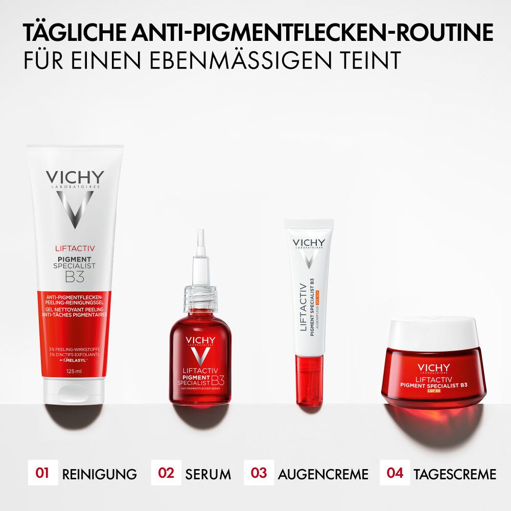 Vier Vichy Liftactiv B3 Produkte für die tägliche Anti-Pigmentflecken-Routine.
