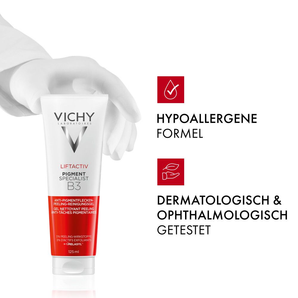 Vichy Liftactiv B3 Peeling Waschgel Tube mit Symbolen für hypoallergene Formel.