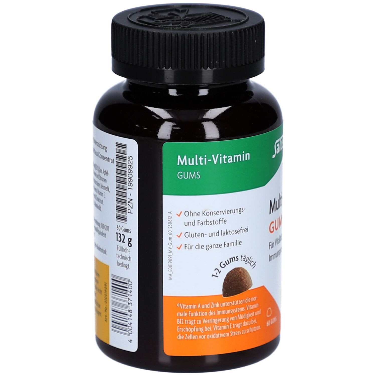 Flacon brun, bouchon noir. Inscription: Multi-Vitamin GUMS. 60 Gums, 132 g. Texte sur les ingrédients.