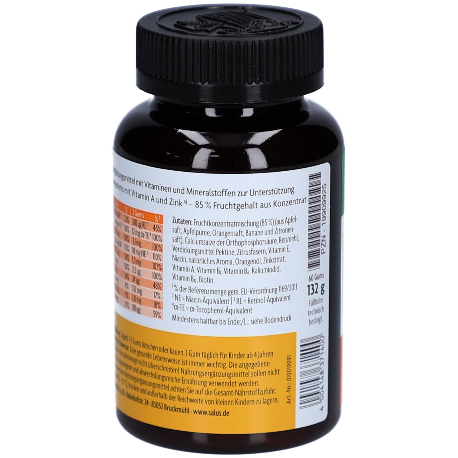 Dos du flacon. Texte sur les ingrédients et les valeurs nutritionnelles. 60 Gums, 132 g.