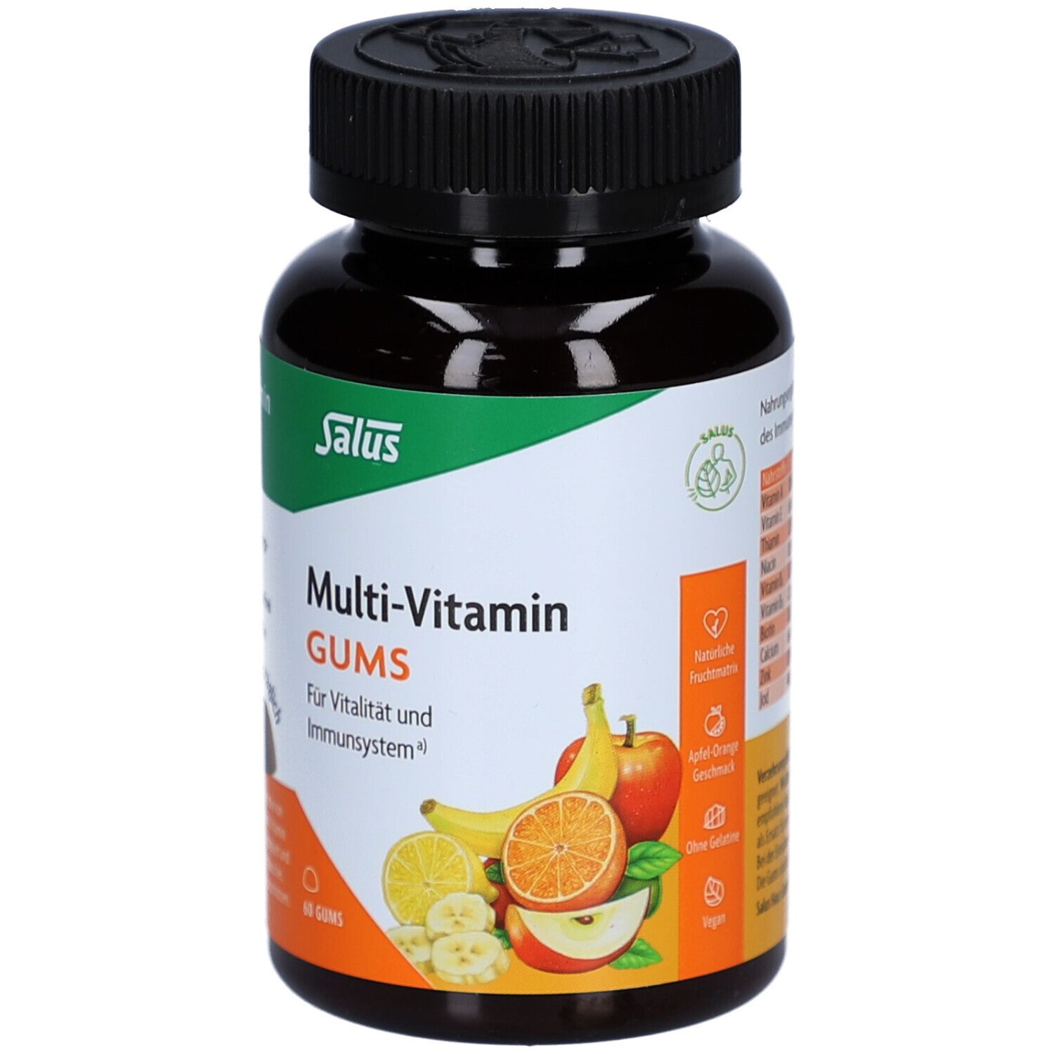 Flacon brun, bouchon noir. Inscription: Multi-Vitamin GUMS. Illustration de fruits. 60 GUMS.