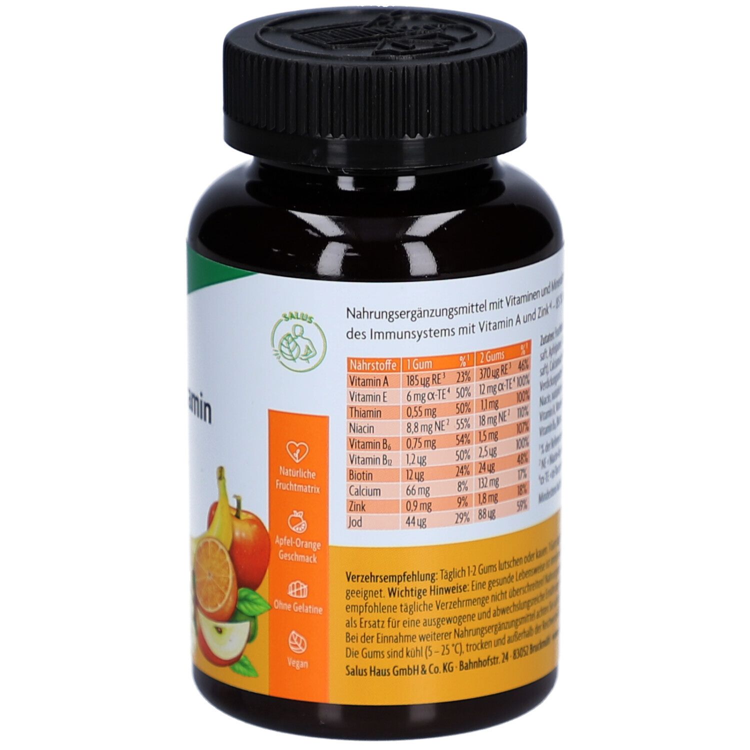 Dos du flacon. Texte sur les nutriments et la dose journalière recommandée. Illustration de fruits.