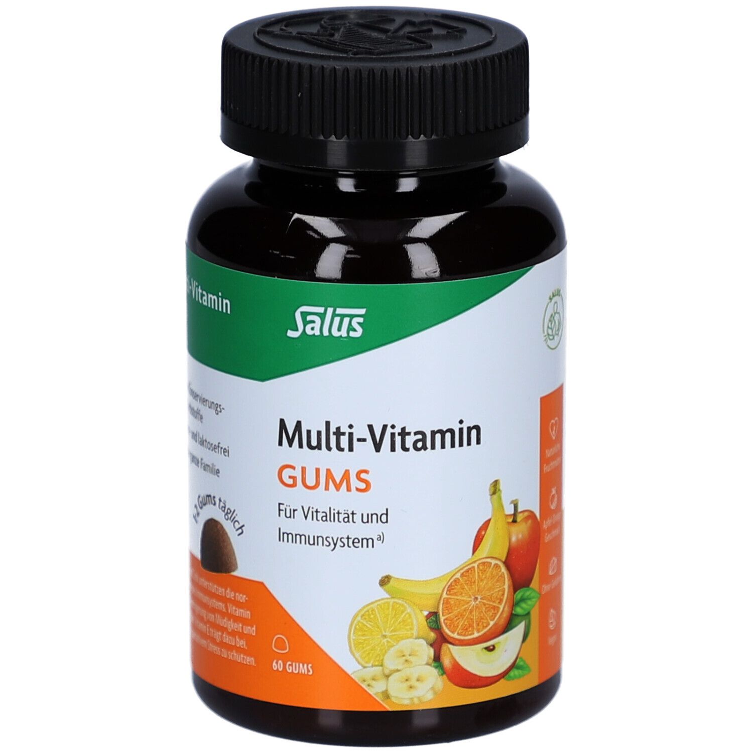 Flacon brun, bouchon noir. Inscription: Multi-Vitamin GUMS. Illustration de fruits. 60 GUMS.