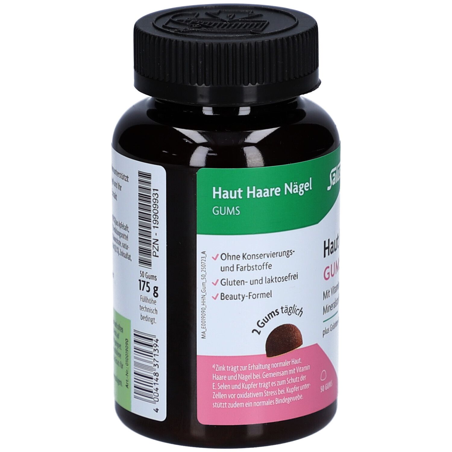 Braune Gummis in einer Flasche. Aufschrift: Haut Haare Nägel Gums. Mit Vitamin E und Mineralstoffen. 60 Gummis.