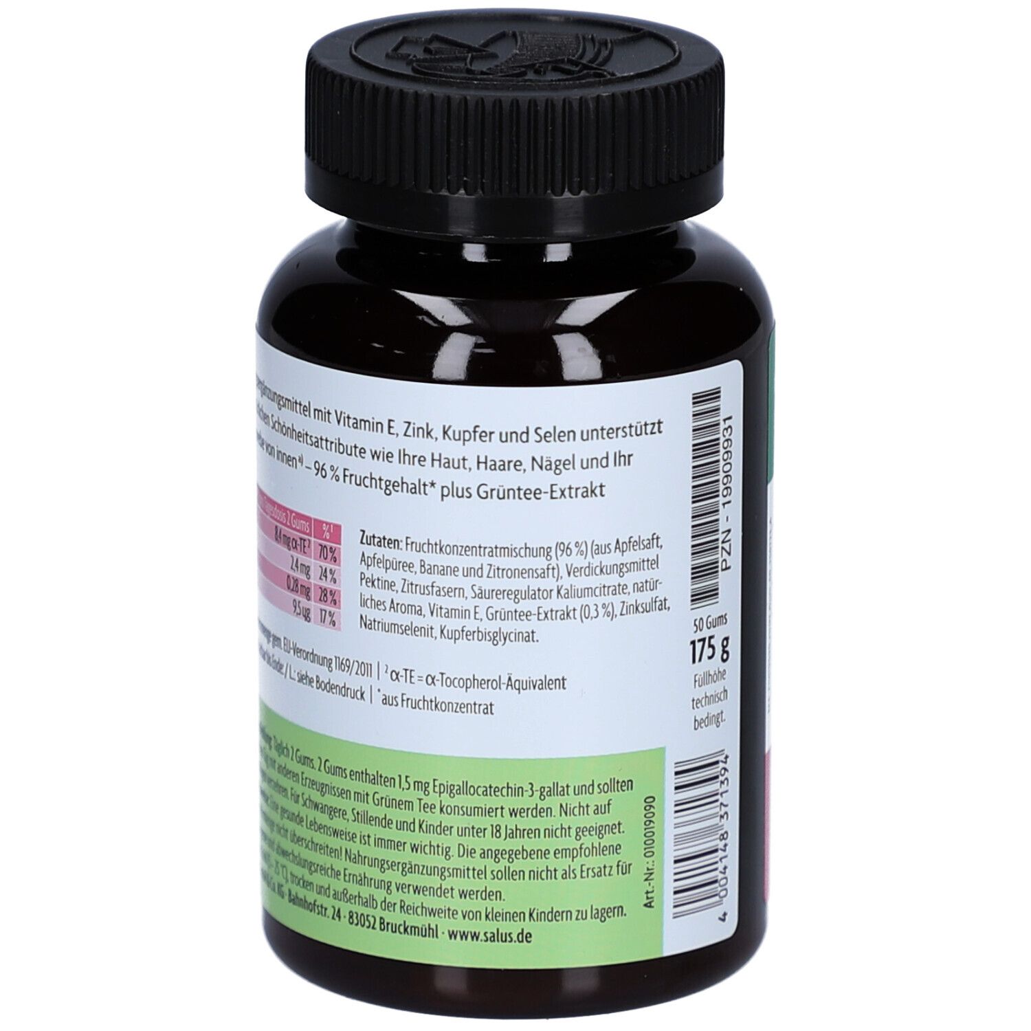 Rückseite einer Flasche mit braunen Gummis. Aufschrift: Haut Haare Nägel Gums. Inhaltsstoffe und Nährwertangaben.