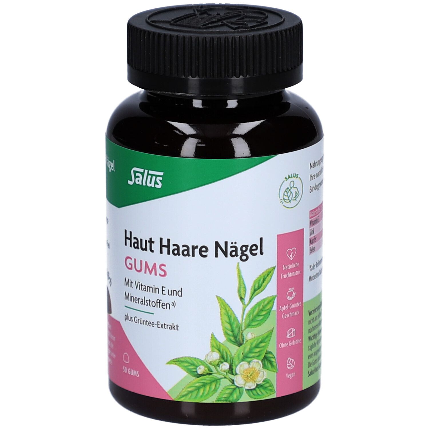 Braune Gummis in einer Flasche. Aufschrift: Haut Haare Nägel Gums. Mit Vitamin E und Mineralstoffen. Salus Logo.