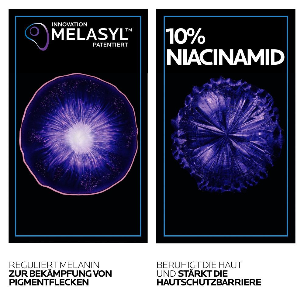 Zwei Tafeln. Links: Melasyl-Logo. Rechts: 10% Niacinamid. Text: Reguliert Melanin, beruhigt die Haut, stärkt die Hautschutzbarriere.