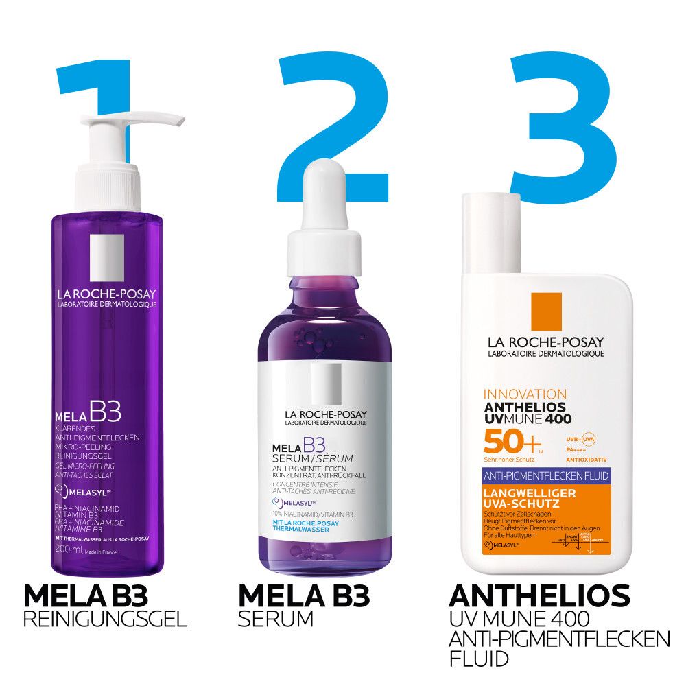 Drei Produkte: Mela B3 Reinigungsgel, Mela B3 Serum, Anthelios UV Mune 400. Alle mit La Roche-Posay-Logo.