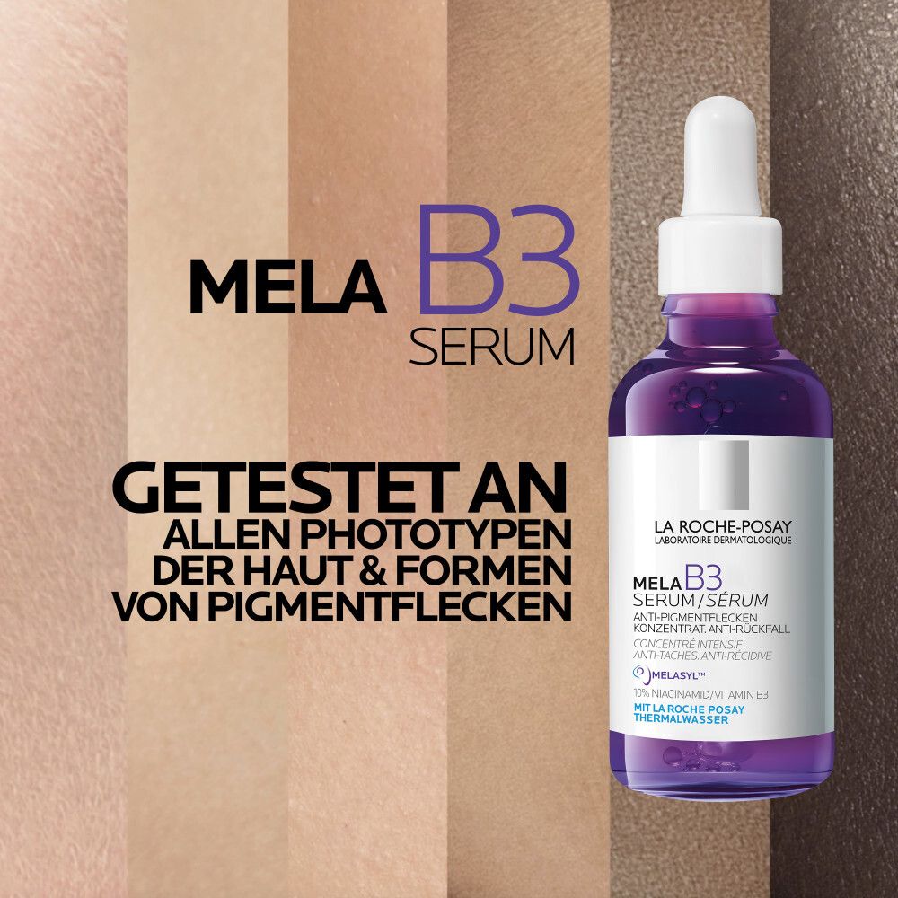 Serumflasche mit Pipette. Lila Glasflasche mit weißem Deckel. Text: Mela B3 Serum, getestet an allen Hauttypen und Formen von Pigmentflecken.