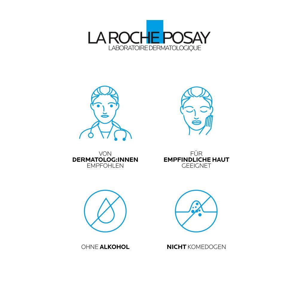 Symbole: Dermatologen empfohlen, für empfindliche Haut geeignet, ohne Alkohol, nicht komedogen. La Roche-Posay-Logo.