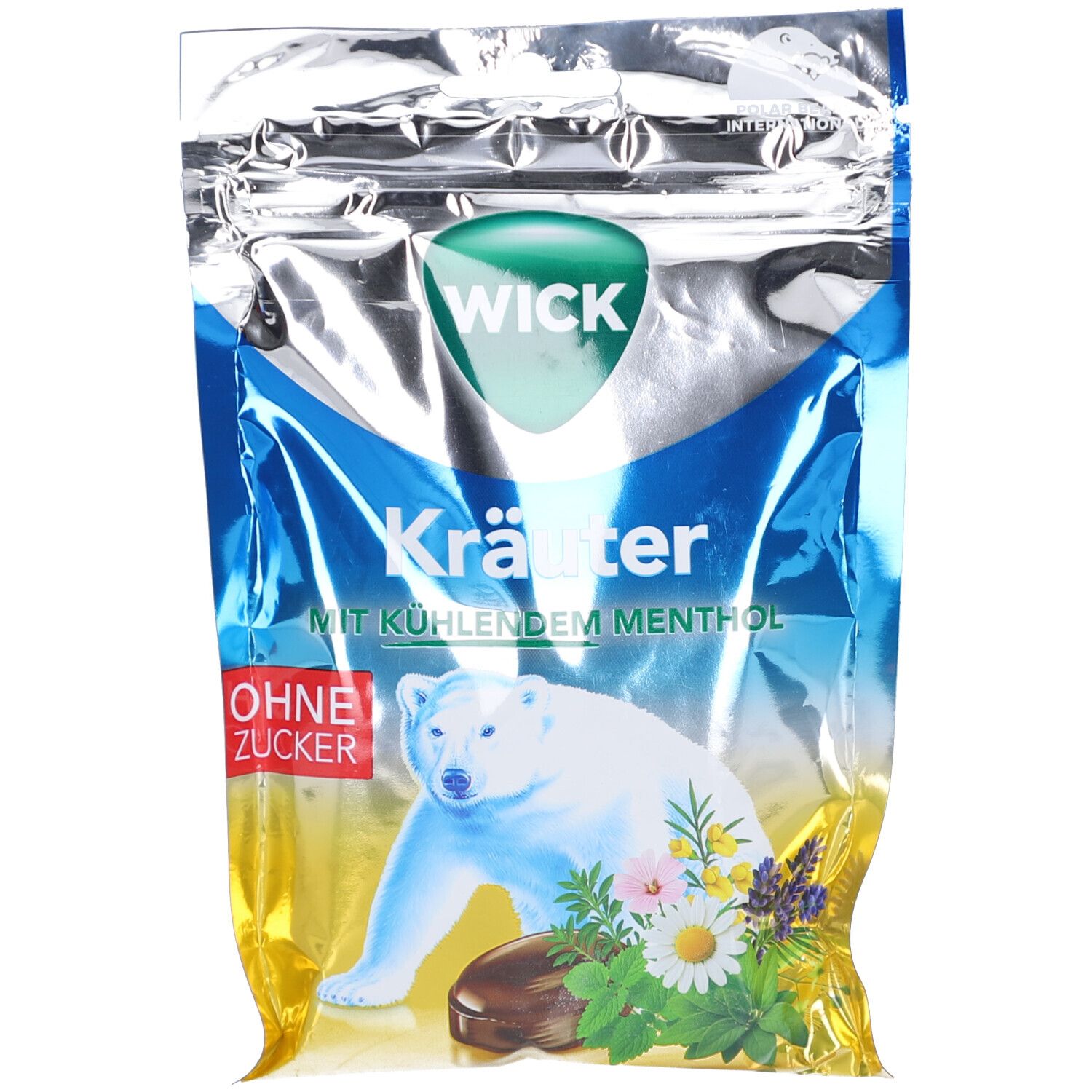 Sachet de bonbons aux herbes. Film argenté avec design bleu et jaune. Illustration d'ours polaire. Texte : WICK, Kräuter, sans sucre.