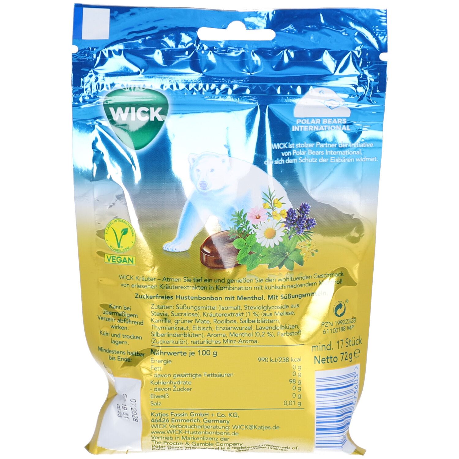 Dos du paquet de bonbons. Texte : WICK, Kräuter, vegan. Informations nutritionnelles. Contient 17 pièces. Poids net 72g.