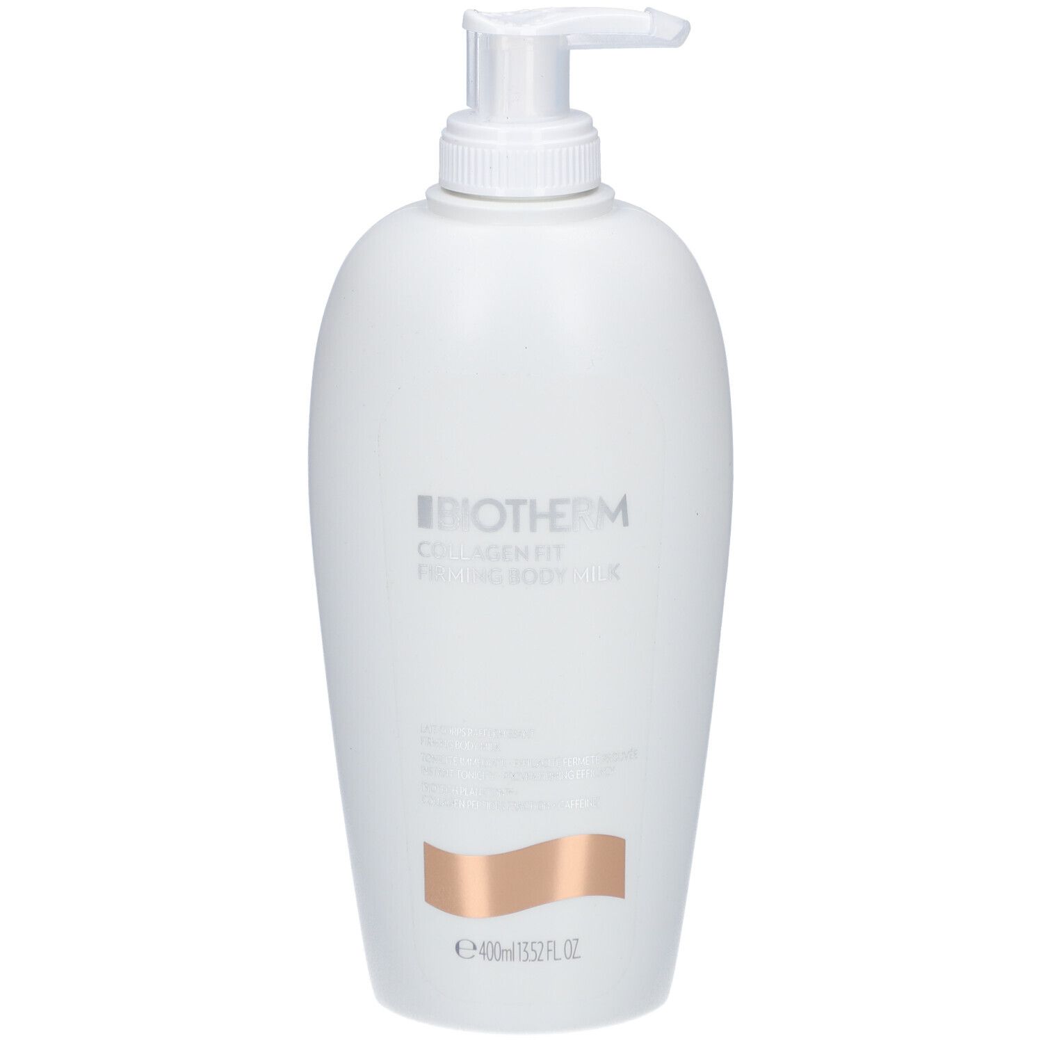 Flacon blanc avec pompe. BIOTHERM Collagen Fit Lait Corps Raffermissant. Texte et logo. Rectangle bronze. 400ml.
