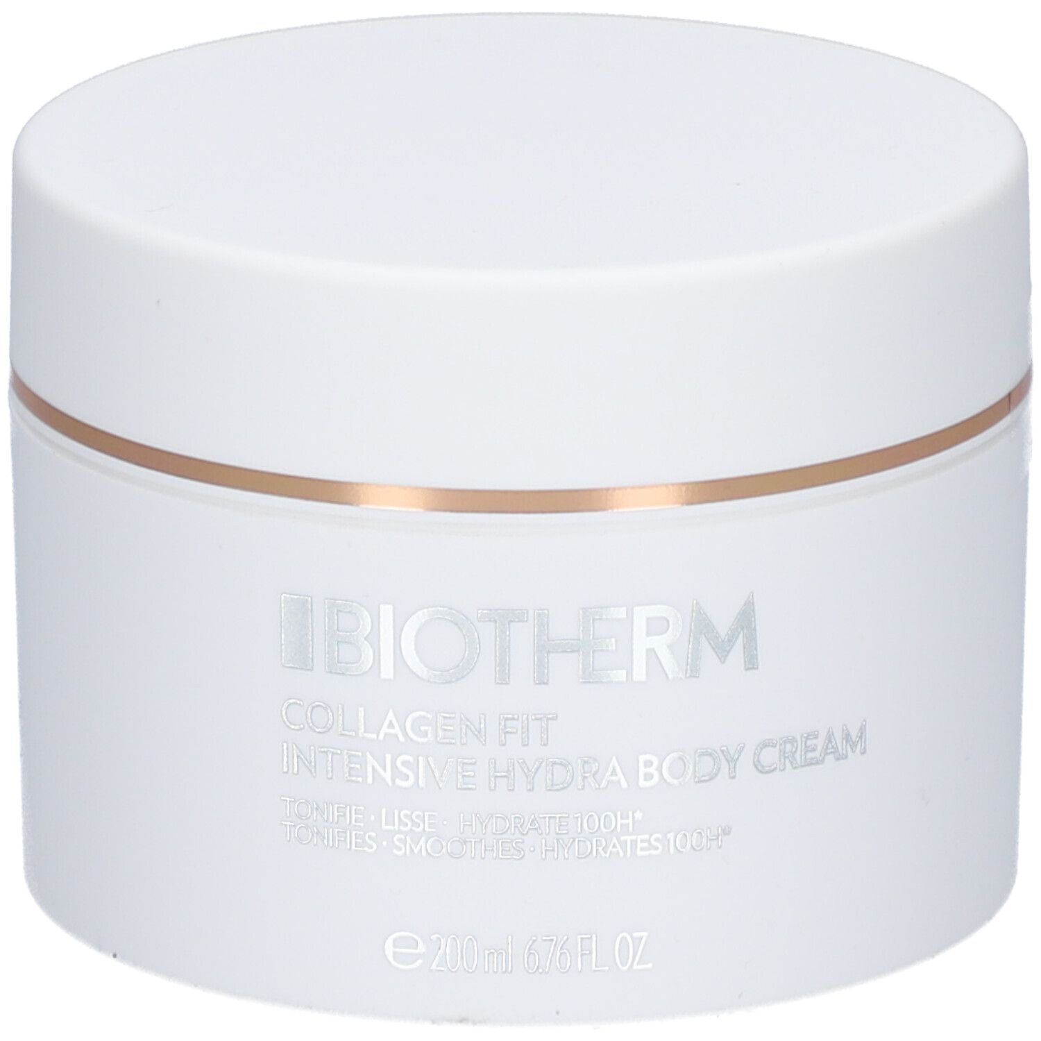 Pot blanc avec BIOTHERM Collagen Fit Hydra Body Cream. Écriture argentée, anneau doré.