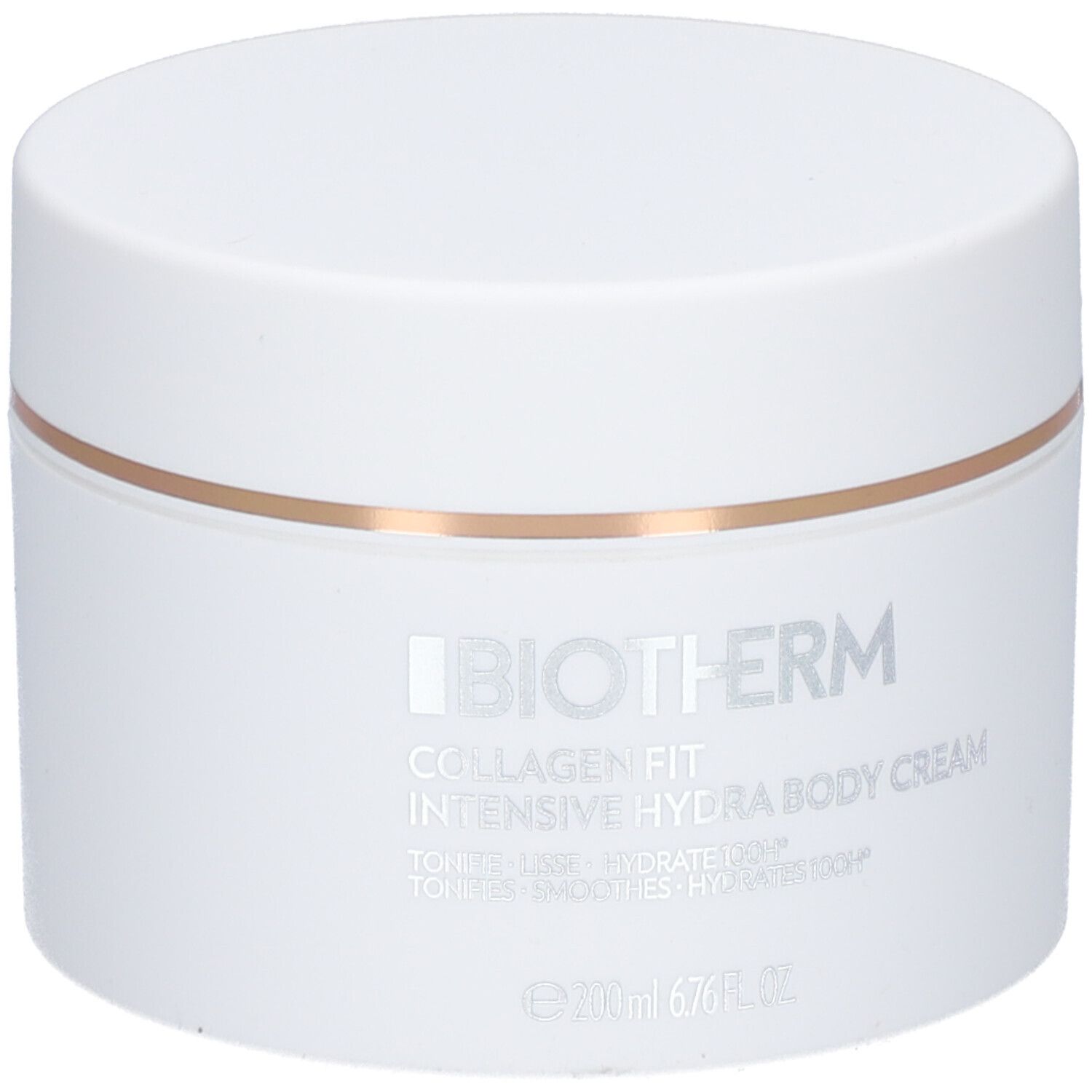 Pot blanc avec BIOTHERM Collagen Fit Hydra Body Cream. Écriture argentée, anneau doré.