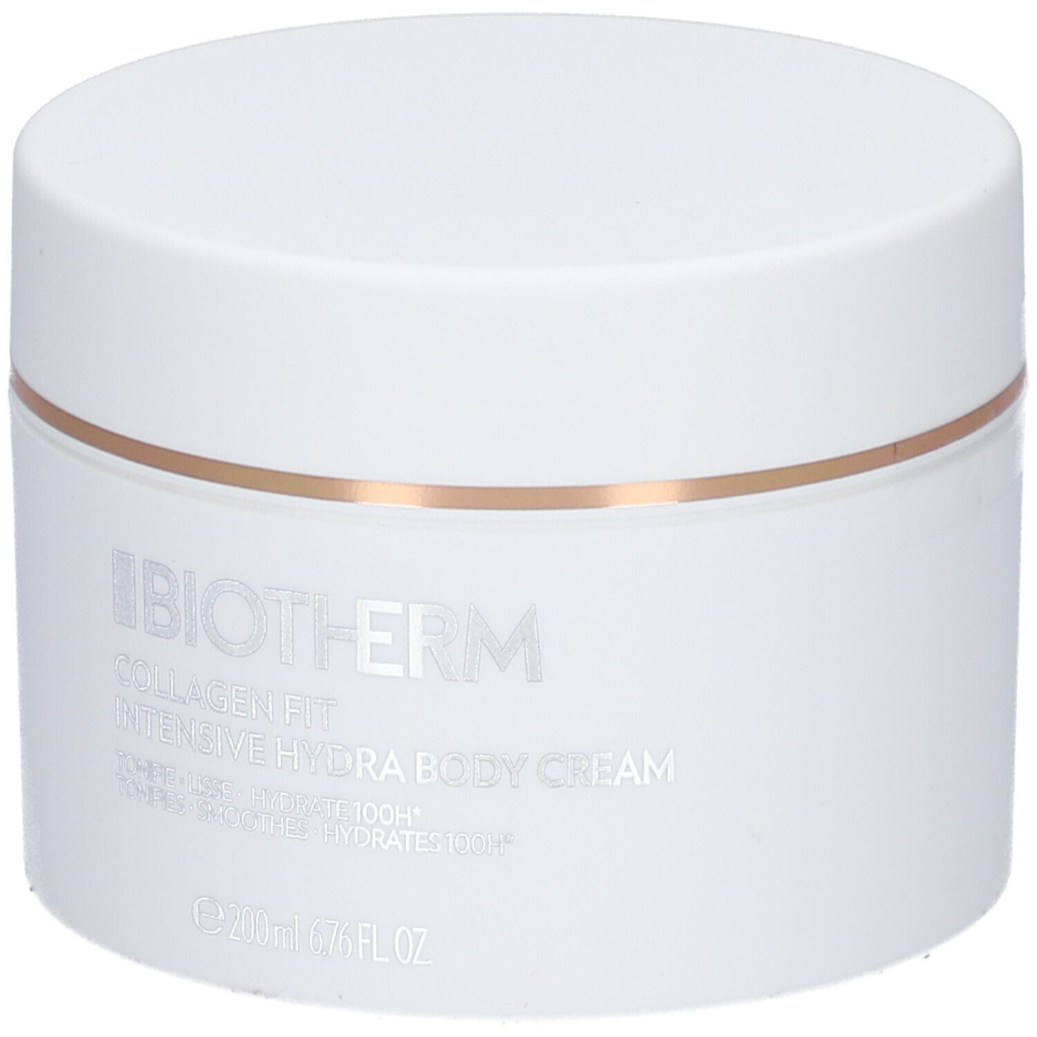 Pot blanc avec BIOTHERM Collagen Fit Hydra Body Cream. Écriture argentée, anneau doré.