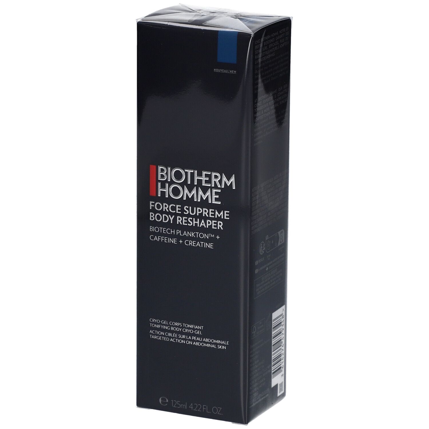 Emballage noir avec nom et détails du produit. Marque : Biotherm Homme. Produit : Force Supreme Body Reshaper.