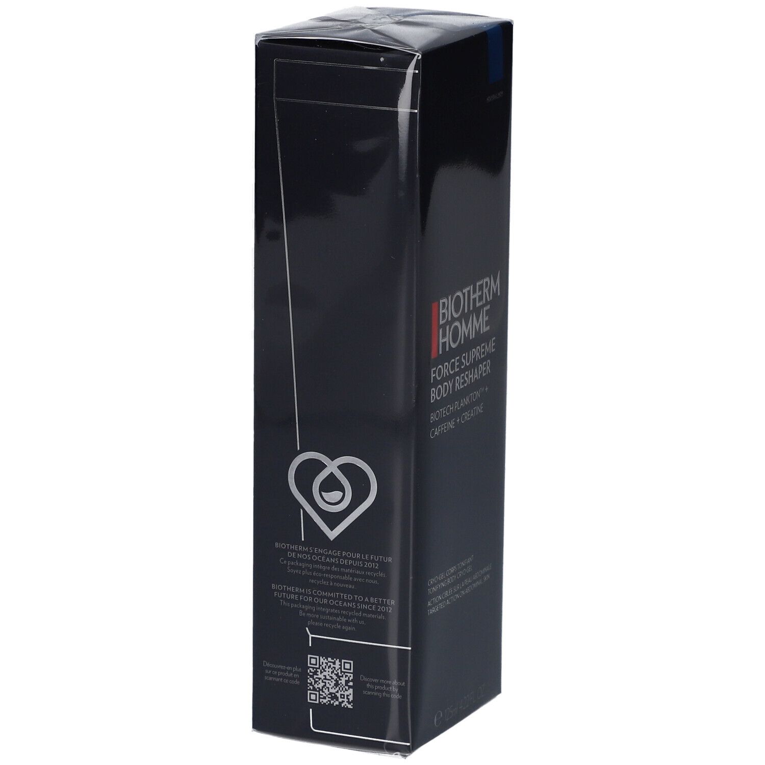 Emballage noir avec nom et détails du produit. Marque : Biotherm Homme. Produit : Force Supreme Body Reshaper.