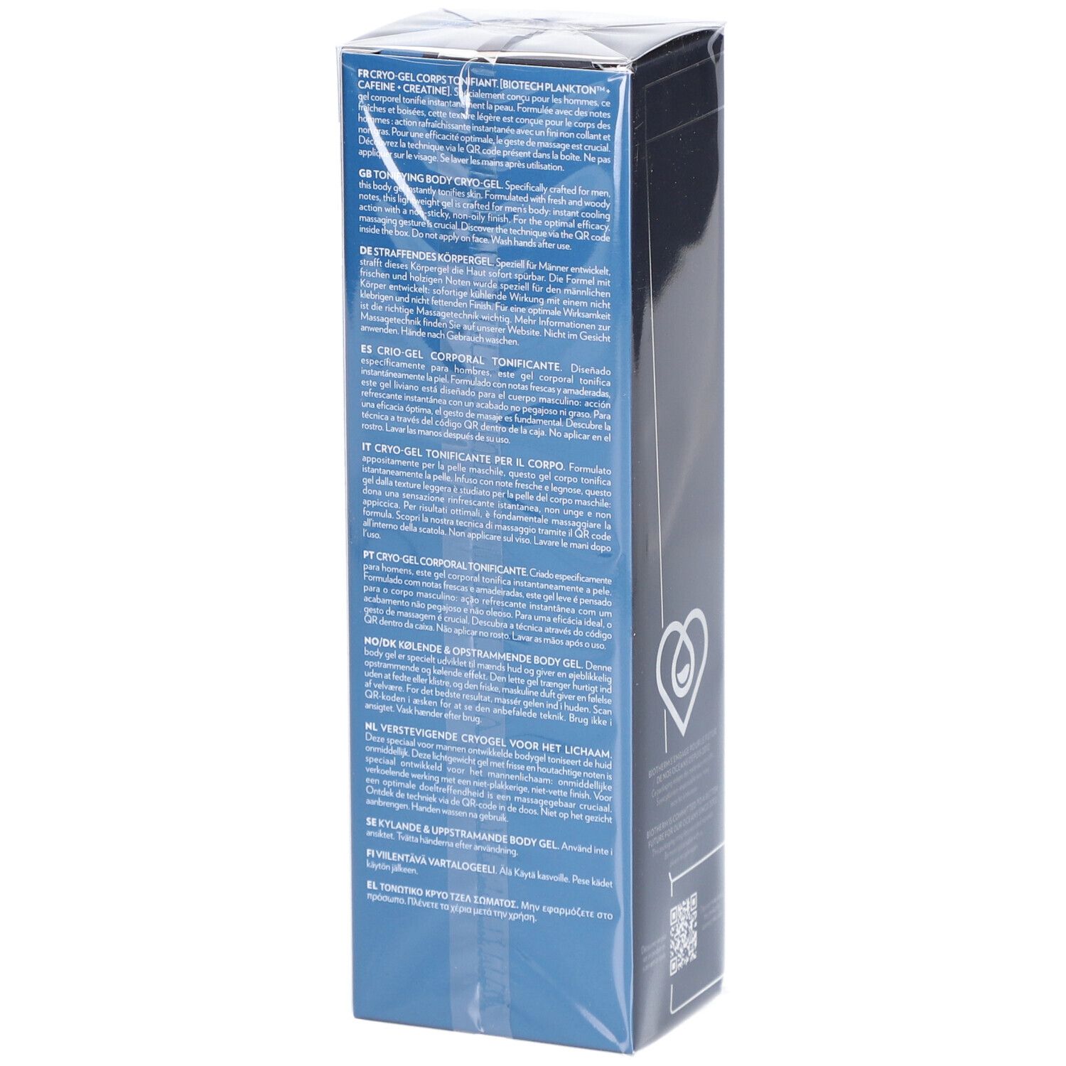 Emballage avec informations produit en plusieurs langues. Marque : Biotherm Homme. Produit : Force Supreme Body Reshaper.