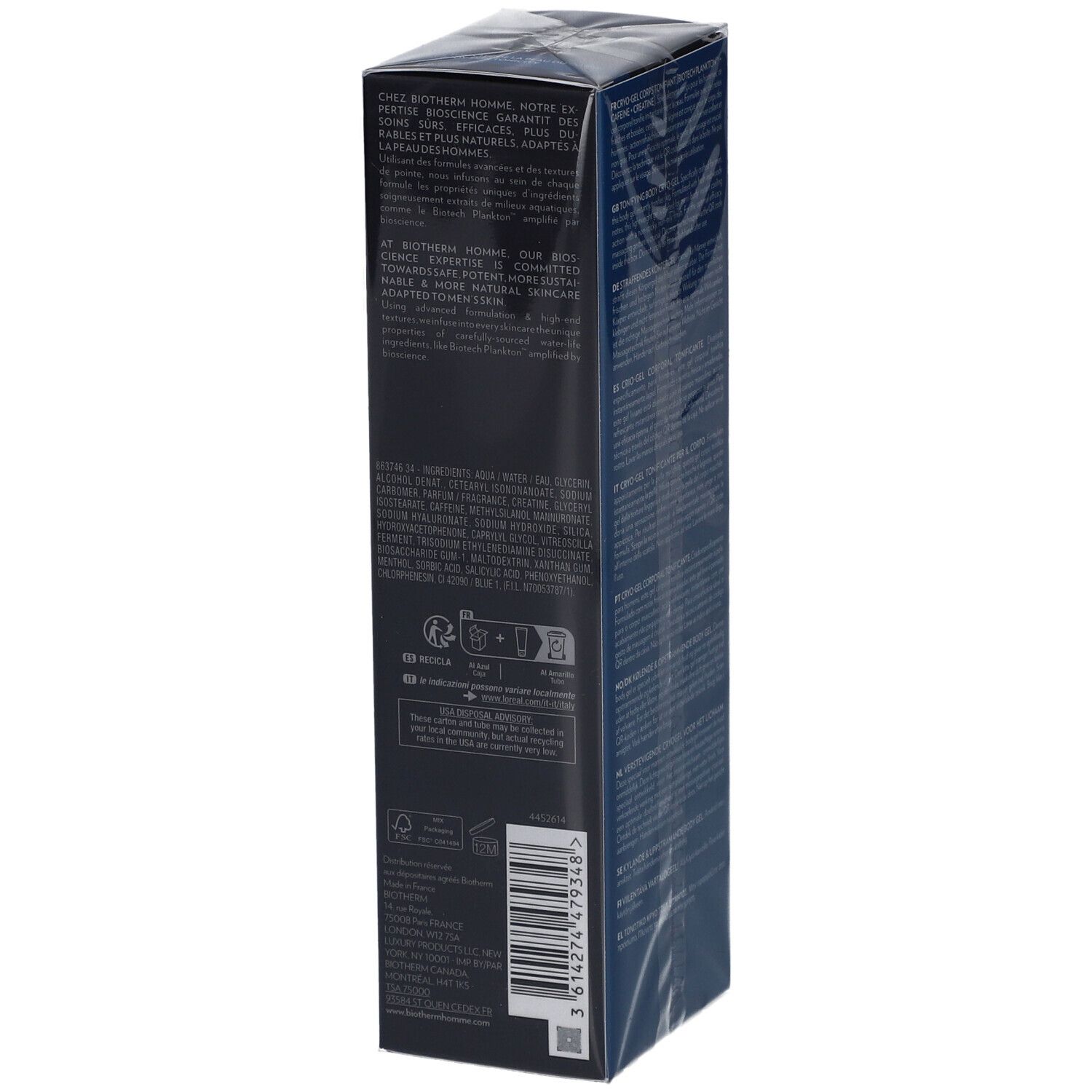 Emballage avec informations produit et code-barres. Marque : Biotherm Homme. Produit : Force Supreme Body Reshaper.