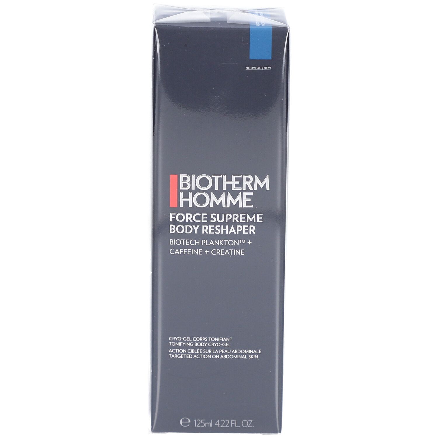 Emballage noir avec nom et détails du produit. Marque : Biotherm Homme. Produit : Force Supreme Body Reshaper.