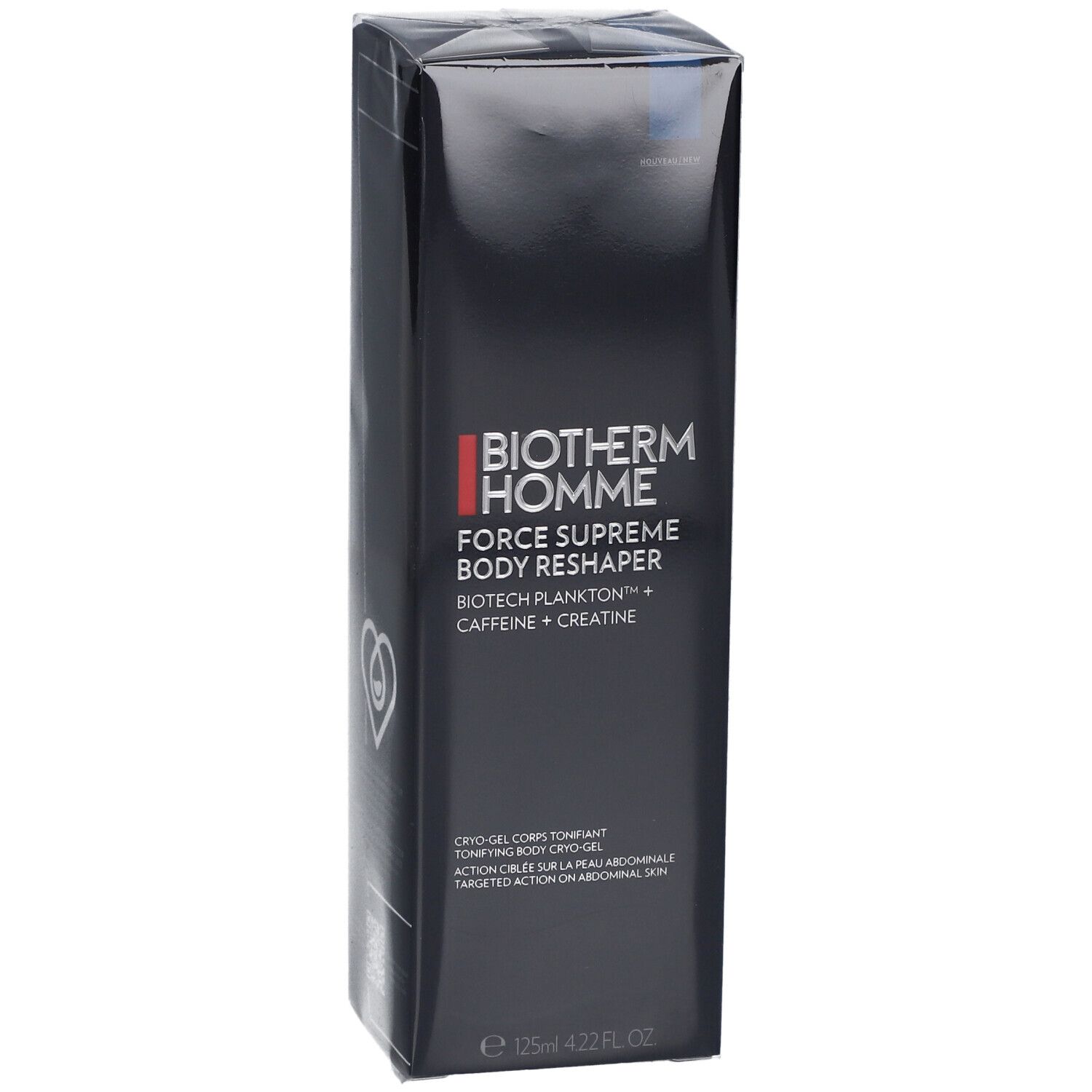 Emballage noir avec nom et détails du produit. Marque : Biotherm Homme. Produit : Force Supreme Body Reshaper.