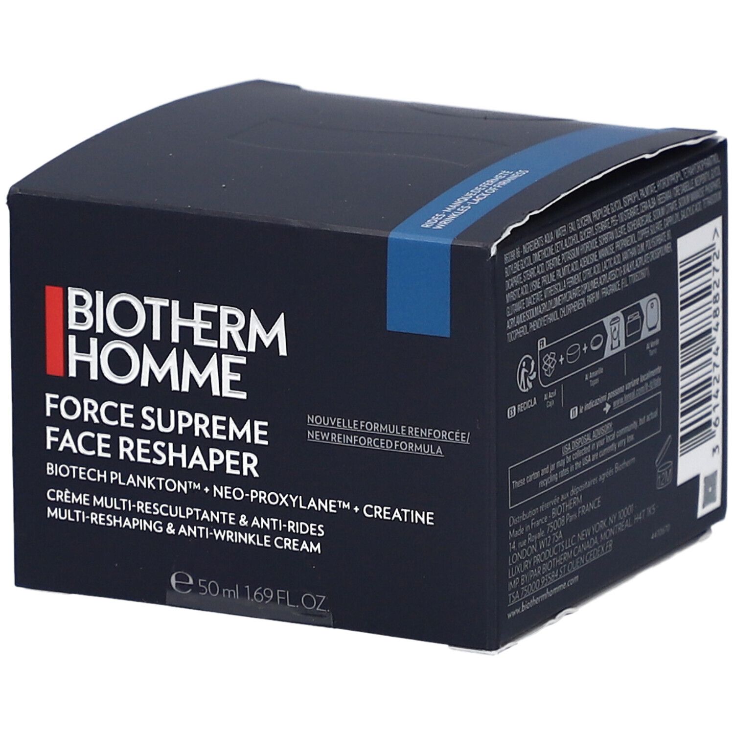 Boîte bleu foncé avec informations produit. Inscription: Biotherm Homme Force Supreme Face Reshaper. 50 ml.