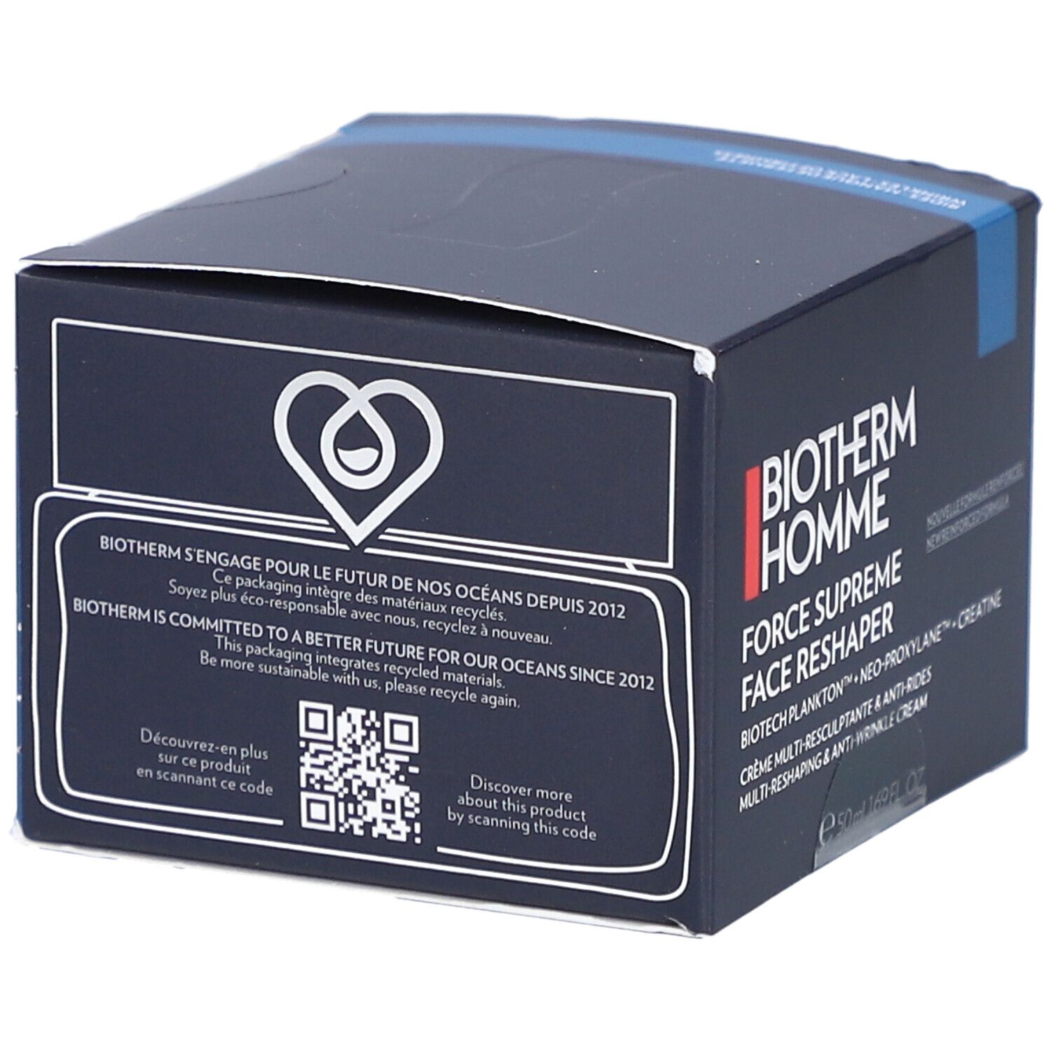 Boîte bleu foncé avec logo et texte. Inscription: Biotherm Homme Force Supreme Face Reshaper. Code QR.