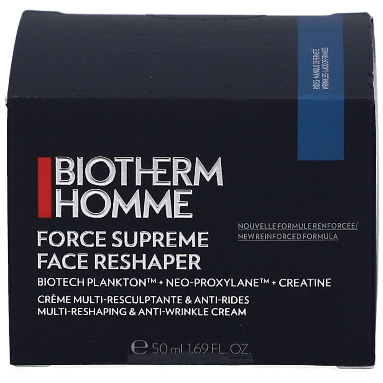 Boîte bleu foncé avec nom et détails du produit. Inscription: Biotherm Homme Force Supreme Face Reshaper.